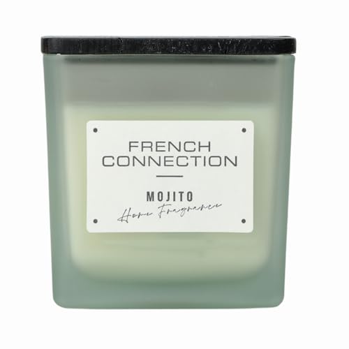 French Connection Scented Candle - Shea Butter Wax - Frosted Glass Jar Wooden Lid - Square Shape - (Medium, Mango Motijo Scent)