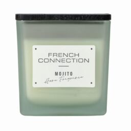 French Connection Scented Candle - Shea Butter Wax - Frosted Glass Jar Wooden Lid - Square Shape - (Medium, Mango Motijo Scent)