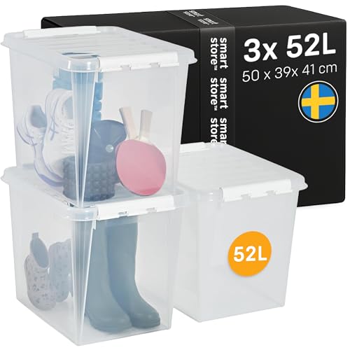 SmartStore Storage Boxes with Lids - 3x 52L box - 50x39x41cm, white clips - Stackable plastic storage box with lid for garage & loft - big clear food-safe plastic boxes for shelves - crates, tubs, bins