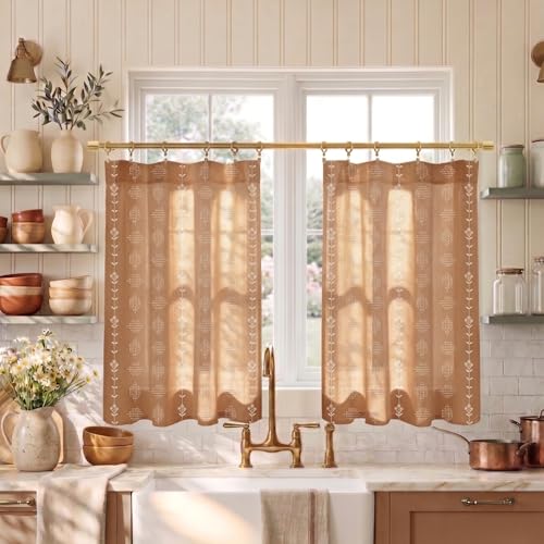 Lino Rosa Boho Farmhouse Kitchen Curtain,Rustic Style Terracotta Western Curtains for Bedroom Living Room,Sets of 2 Panels,36 Inch Length,Rust Colored