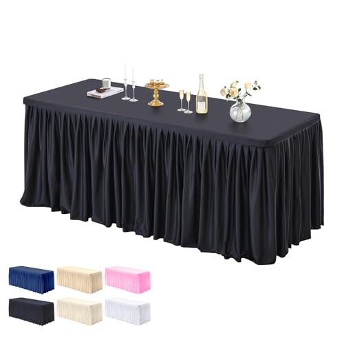 PARTISKY 1 Pack Black Tablecloths for Rectangle Tables 4ft, Wrinkle Resistant Black Table Cover Fitted Stretch Table Cloth with Pleated Ruffle Skirts for Party Banquet Dining Birthday Wedding