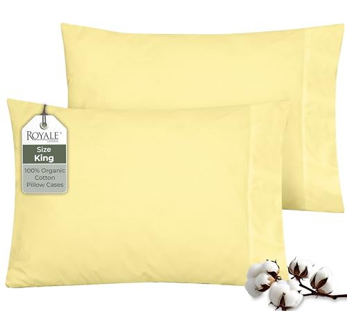 "ROYALE LINENS 100% Organic Cotton Percale Pillowcases Set of 2 - King Size Percale Pillowcase - King Set of 2 Pillow Cover - Breathable, Cool & Crisp Pillow Cases (20""x40"", Yellow)"