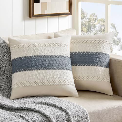 ZeeMart 2 Pack Boho Throw Pillow Covers, Contrast Grey Navy 20x20in - Soft Breathable Cotton, Farmhouse Decorative Couch Pillow Cases, Cushion Covers for Sofa Bed Living Room Home Decor