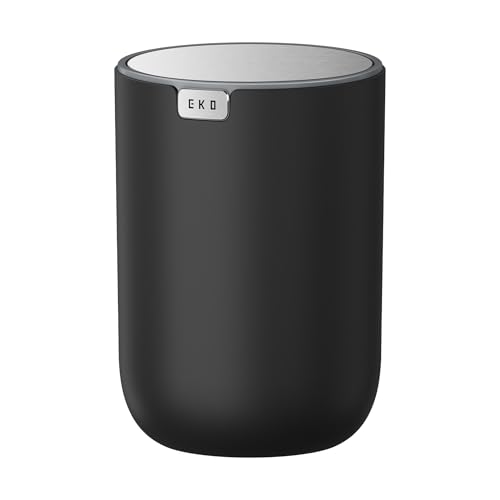 EKO Fandy Table Bin, 1.5L Mini Desk Rubbish Bin with Swing-Top Lid, 1.5 Litre Small Table Round Wastebasket for Office, Home, Bathroom, Bedroom, Car (Black)