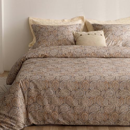 HEIMENAOGO Egyptian Cotton Duvet Cover Queen Size Sateen Weave, Silky Soft and Breathable Bedding Set with Zipper Closure, Long Staple Cotton Bed Linen Boho Paisley 3Pcs