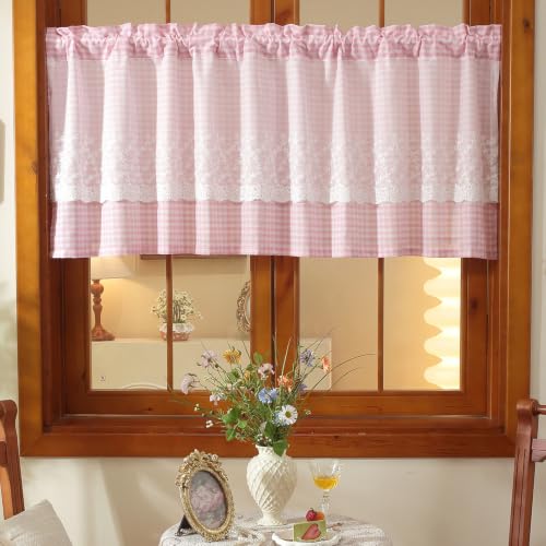 "Huierxun Pink and White Buffalo Check Plaid Tier Curtains Floral Lace Semi Sheer Kitchen Curtain Farmhouse Gingham Curtains Rod Pocket Tiers for Living Room (Pink B,42""x24"")"