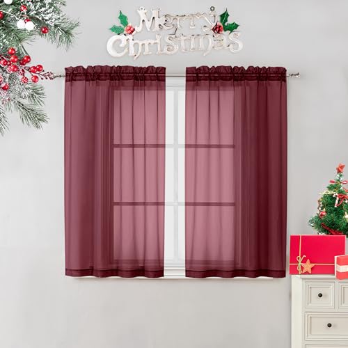 "OVZME 2 Panels Window Burgundy Sheer Curtains 42"" x 45"" Inches for Small Windows, Soft Touching Top Dual Rod Pocket Drapes for Living Room & Bedroom."