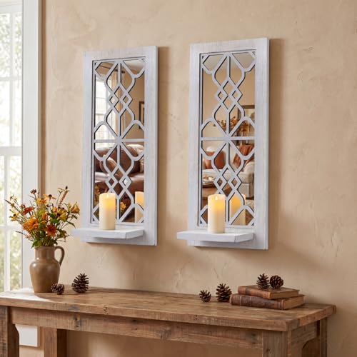 Wood Wall Sconce Candle Holder Set 2, Rustic Wall-Mount, Farmhouse Hanging Wall Décor, Carved Wood Frame, Mirrored (Distressed White)