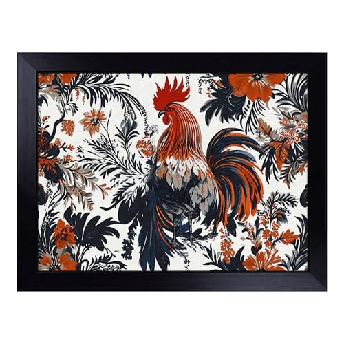 Lap Tray with Bean Bag Cushion, Rooster - Handmade in the UK, Raised Wooden Edge, Padded Cushion, Heat-Resistant Wipe-Clean Surface, for Meals, Laptops and Crafts