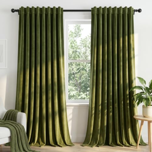 Dchola Olive Green Velvet Curtains for Bedroom Window with Back Tab, Super Soft Vintage Luxury Heavy Drapes, Room Darkening Thermal Insulated Curtain for Living Room, W52 by L63 inches, 2 Panels