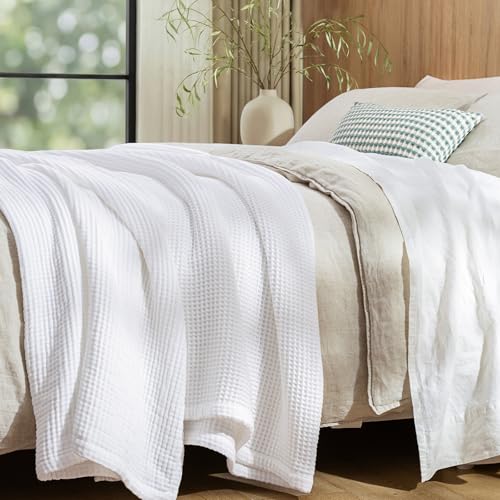 "PHF Reversible Waffle & Muslin Blanket 100% Cotton 400GSM King Size 104"" x 90"", Breathable Lightweight and Soft, Luxury Aesthetic Waffle Gauze Blanket for Home Decor, White"