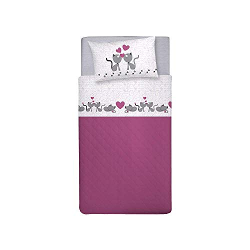 PENSIERI DELICATI Single Bed Set, 100% Cotton, Single Bed Sheet Set, 90 x 200 cm, Including Bottom Sheet, Top Sheet and 1 Pillow Case, Made in Italy, Pink Cats Design