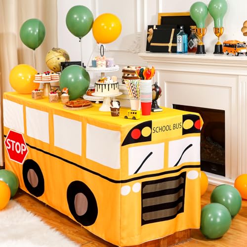 Oudain 2 Pcs 4FT School Bus Tablecloth First Day of School Party Table Cover Birthday Decoration Washable Fabric Polyester Rectangle Table Cover Protector School Bus Theme Party Birthday Decoration