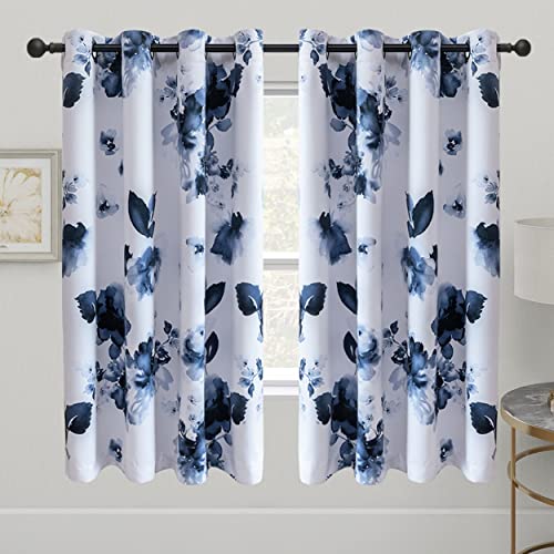Taisier Home 63 Inch Grommet Room Darkening Window Curtain Drapes, Chinese Traditional Ink Painting Stylized Leaves and Flower,Artwork,Deep Blue Print Curtains for Living Room Bedroom and Nursery