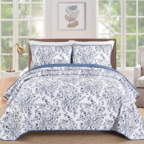"WONGS BEDDING Quilt Set King Size - Floral Printed, Microfiber Coverlet,Breathable All-Season, Fits King 110""x90"", Perfect for Bedroom Guest Room Home Decor"