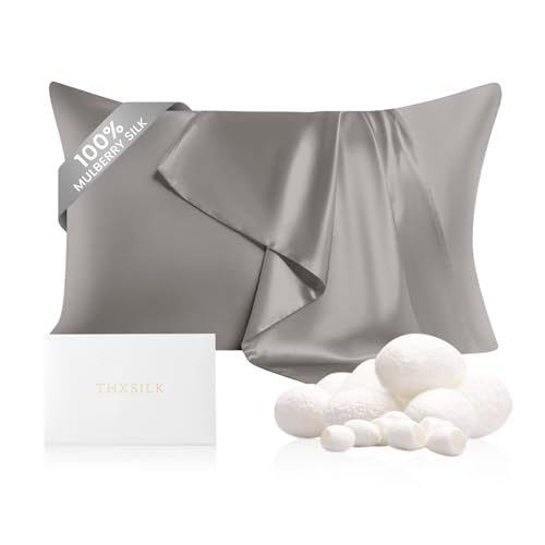 "THXSILK 100% Mulberry Silk Pillowcase for Hair and Skin, 22 Momme Natural Silk Pillow Cover with Hidden Zipper, Soft Breathable Smooth Organic Silk Pillowcase(Grey, Queen Size 20""x30"")"