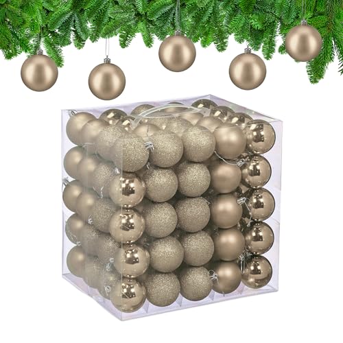 Relaxdays Christmas Baubles, Set of 100, Tree Ornaments, Holiday Decorations, Plastic, Shatterproof, 6 cm, Champagne