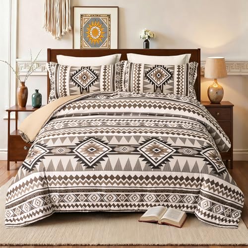 Tyrot Aztec Comforter Bedding Set with Pillow Shams for All Season, Brown, King Size