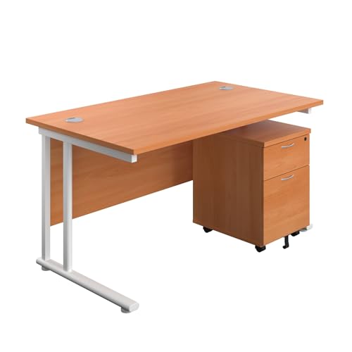 Office Hippo Heavy Duty Rectangular Cantilever Office Desk, Home Office Desk With 2 Drawer Lockable Mobile Pedestal Filing Cabinet, File Cabinet, 5 Yr Wty, White Frame, Beech, 140 x 80 cm