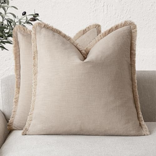 Foindtower Set of 2 Decorative Linen Cushion Covers with Fringes, Bohemian and Rustic Style with Tassels for Sofa, Bed, Living Room, Home Decor, 55.9 x 55.9 cm, Beige Tan