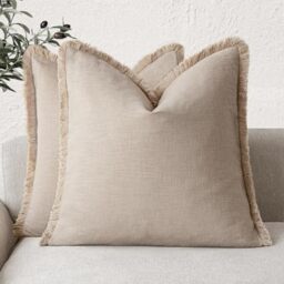 Foindtower Set of 2 Decorative Linen Cushion Covers with Fringes, Bohemian and Rustic Style with Tassels for Sofa, Bed, Living Room, Home Decor, 55.9 x 55.9 cm, Beige Tan