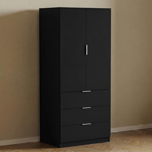Vida Designs Trega 2 Door 3 Drawer Wardrobe - Black - Bedroom Furniture - 175H x 77W x 54D cm - With Storage Shelf & Hanging Rail - Large Capacity Storage