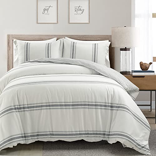 Lush Decor Farmhouse Stripe 3 Piece Duvet Cover Set, King, Dark Gray