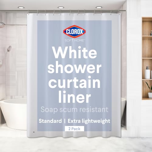 "CLOROX Shower Curtain Liner, Premium Lightweight Flexible Waterproof 3g PEVA for Bathroom with Weighted Magnets, Standard Size 70"" x 72"", White 2 Pack"