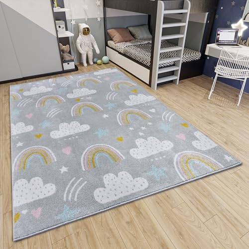 Hanse Home Adventures Children's Rug - Rainbow Clouds Pattern Rug Boys Girls for Children's Room, Playroom, Teenager's Room, Living Room - Grey, 120 x 170 cm