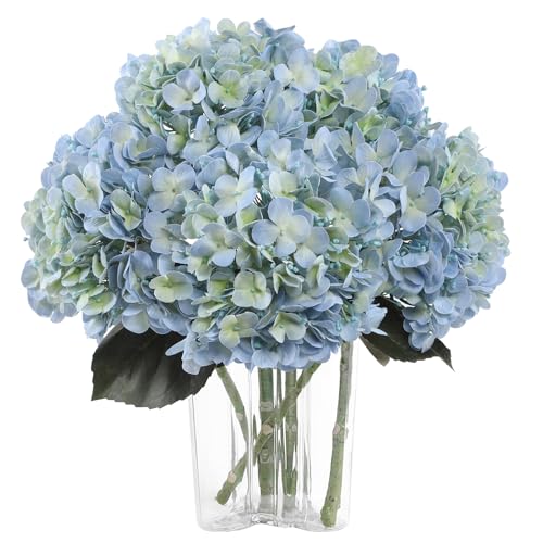 "Coferset 3Pcs Hydrangea Artificial Flowers 24.8"" Real Touch Faux Hydrangea Latex Fake Flowers with Bendable Stems &Leaves for Wedding Bouquet Centerpieces Home Party Decor(Blue & Green)"