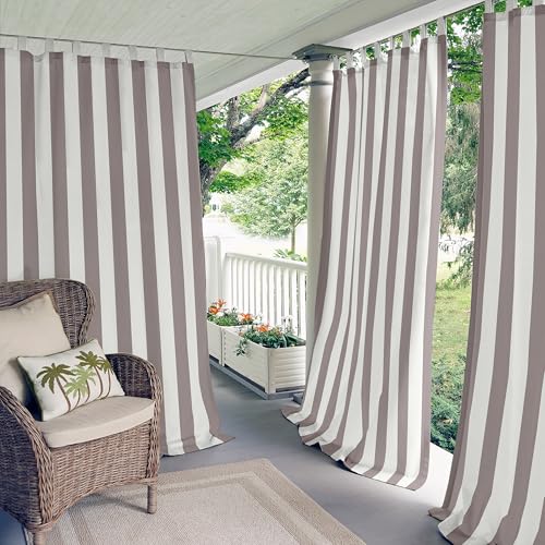 "Elrene Home Fashions Highland Stripe Indoor/Outdoor Adhesive Loop Fastener Tab Top Window Curtain Panel for Patio, Pergola, Porch, Deck, Lanai, and Cabana, 50""x84"", Gray"