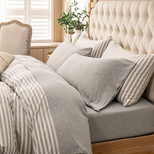 "PURE ERA Jersey Knit 4pc Bed Sheet Set 100% T-Shirt Heather Cotton Super Soft Comfy Breathable Fits Mattress Up to 20"" Extra Deep Pocket Light Grey Queen"