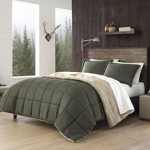 Eddie Bauer Reversible Sherpa Bedding with Matching Shams, Cozy & Warm Home Decor, Fleece Polyester, Sherwood Green, Queen