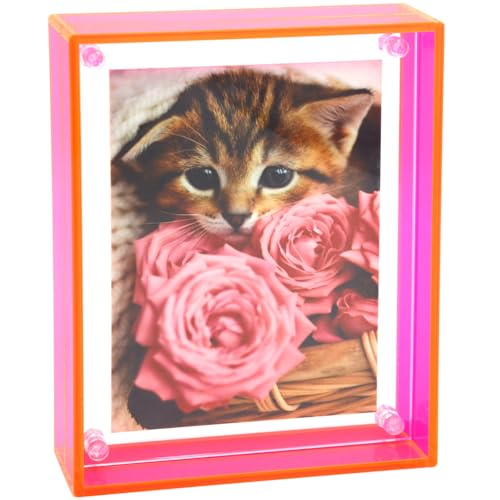 Gelite Acrylic 5X7 Picture Frame to Display 5x7 4x6 Pictures Mat-free Neon Floating Photo Frame for Wall and Tabletop, Neon Pink