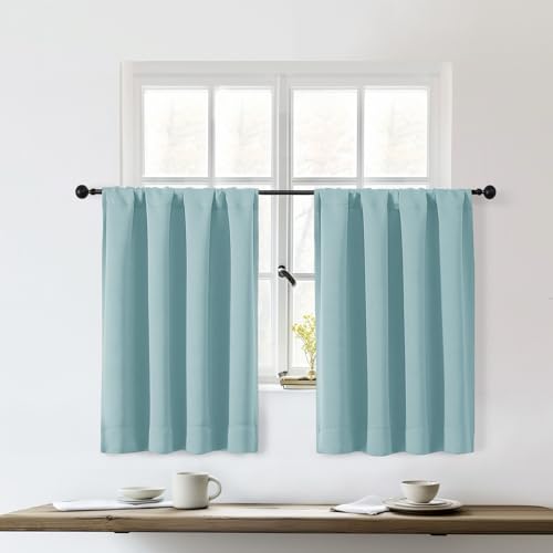 OWENIE Sally Aqua Kitchen Curtains 36 Inch Length 2 Panels Set, Half Window Rod Pocket Privacy Room Darkening Blackout Curtain Tiers for Kitchen Bathroom, 2 Pcs Each W40 x L36 Inch