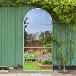 "MirrorOutlet The Arcus - White Metal Framed Window Modern Arched Garden Mirror 71"" X 33.5"" (180CM X 85CM) Silver Mirror Glass with Black All weather Backing."