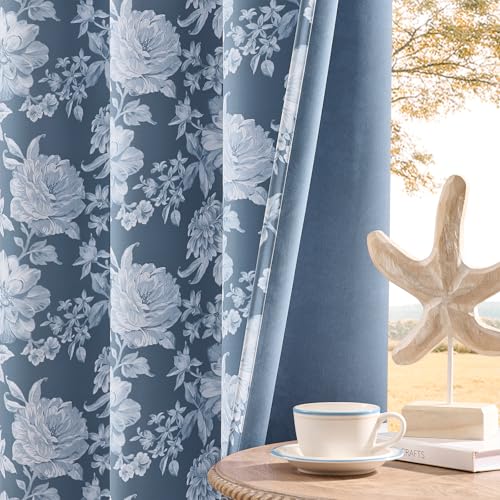 FOLKSIDE Blue Floral Curtains 63 Inch Length 2 Panels for Bedroom Flower Curtains for Bedroom Grommet Thermal Insulated Room Darkening Window Drapes, 52x63