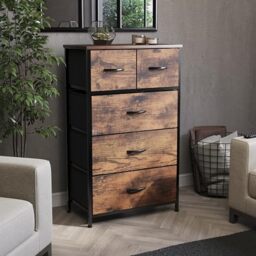 Vida Designs Chorley 5 Drawer Chest Of Drawers Fabric Storage Organizer Unit With Wood Top, Metal Frame & Handles - Ideal For Bedroom, Living Room, Nursery - Rustic Brown