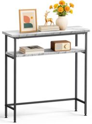 VOUNOT® Narrow Console Table, 2- Tier Slim Metal Frame Entryway Table, Small Sofa Side Table with Storage Shelf for Hallway, Living Room or Bedroom, 80x24x80 cm, White