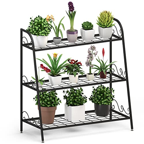 GiantexUK Metal Plant Stand, 3 Tier Flower Rack with Adjustable Footpads, Flowers Pot Display Shelf for Indoor & Outdoor