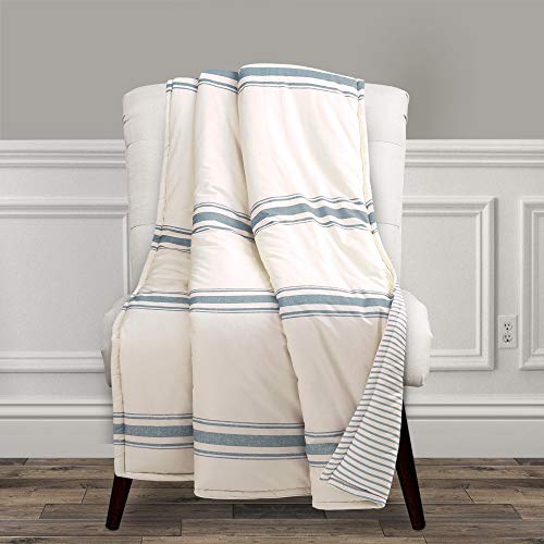 "Lush Decor Farmhouse Stripe Reversible Throw, Single, 50"" W x 60"" L, Blue - Classic Modern Rustic Charm - Cozy Soft Single Pinstripe Print Blanket"