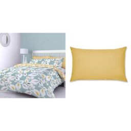 Catherine Lansfield Inga Leaf Reversible King Duvet Cover Set with Pillowcases Teal Green & Easy Iron Percale Standard Pillowcase Pair Ochre Yellow