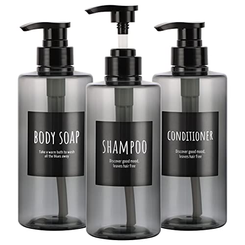 Segbeauty Refillable Shampoo Bottles, 16.9oz Shampoo Dispenser, 3pcs 500ml Empty Plastic Pump Bottle for Shower, Labeled Grey Large PET Lotion Dispenser with Pump Body Soap Conditioner Hotel Bathroom