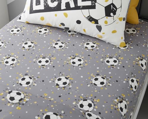 Bedlam Grey Football Fitted Sheet Single 190 x 90 x 25cm, Soccer Ball Print Bedding for Kids, Elasticated Deep Fit Bed Sheet, Sports Theme Bedroom Decor for Boys