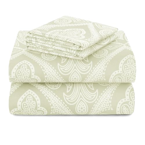 Hannah Linen Paisley California King Sheet Set, 4 PC Soft Microfiber Wrinkle Free Sheets - Luxurious Printed Bed Sheets Includes Flat Sheet, Fitted Sheet with Deep Pockets, & 2 Pillowcases - Ivory