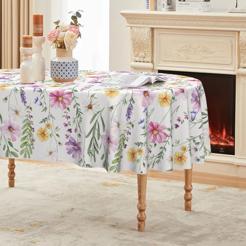Horaldaily Spring Tablecloth 60??84 Inch Oval, Yellow White Purple Daisy Floral Washable Seasonal Table Cover for Party Picnic Dinner Decor