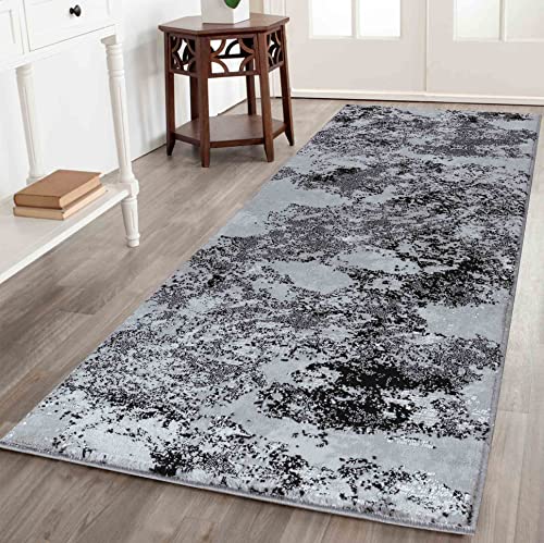 Serdim Rugs Serenity Modern Abstract Sprayed Grunge Textured Contemporary Runner Area Rugs, Black, 60 x 220cm