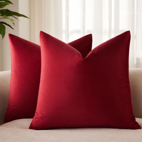 28x28 Pillow Covers Decorative Velvet Throw Pillow Covers Set of 2,Burgundy - JUSPURBET Luxury Euro Cushion Covers with Invisible Zipper for Modern Couch Sofa Bed Living Room Bedroom Home Decor Christmas