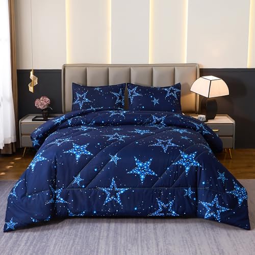 Caressma Star Comforter Teen Boy Girl Blue Galaxy Full Size Bedding Microfiber Set 3 Pieces with Pillowcases for All Seasons