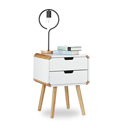 Relaxdays Bedside Table with 2 Drawers, Wooden Nightstand, Compact Bedroom Dresser, HxWxD: 50 x 40 x 40 cm, White